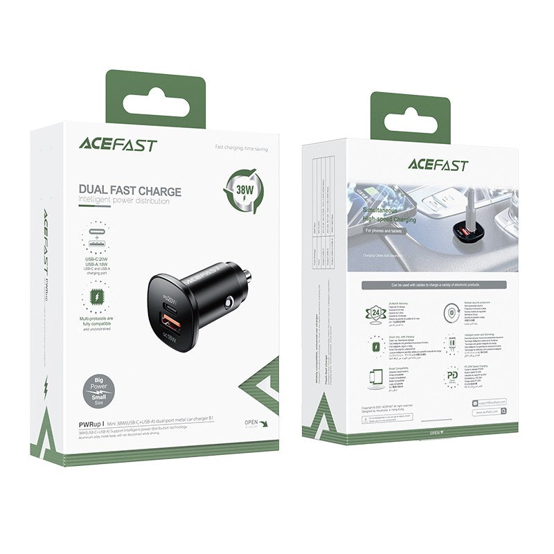 Autolaadija Acefast B1 Mini 38W USB-C+USB-A (must) — SkyMobile e-pood