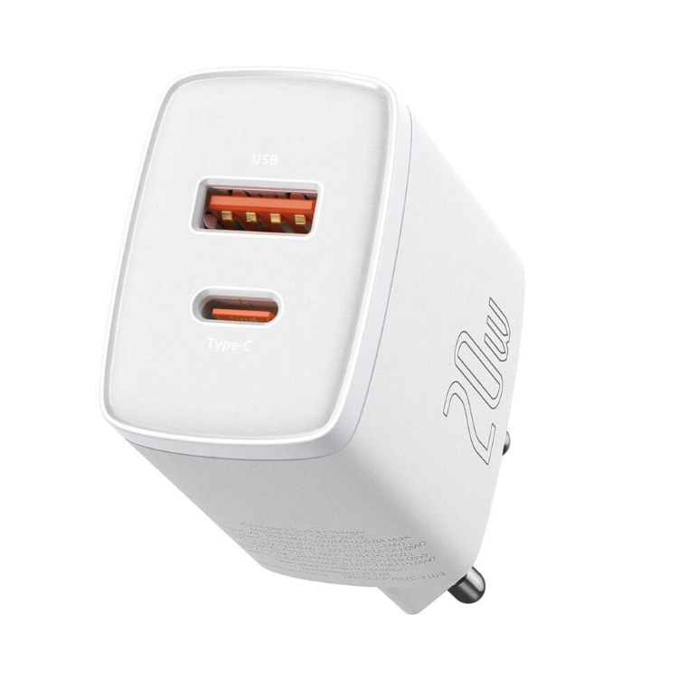 Laadija Baseus USB + Type-C 20W CCXJ-B02 (valge) — SkyMobile e-pood