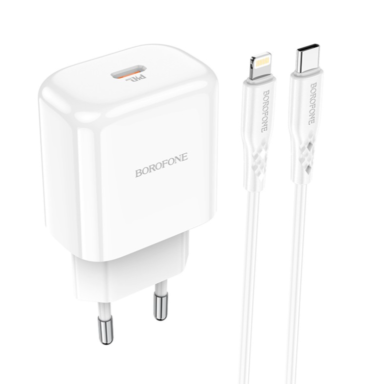 Laadija Borofone BN3 Type-C QC 3.0, PD 2.0 20W + Lightning (valge) — SkyMobile e-pood