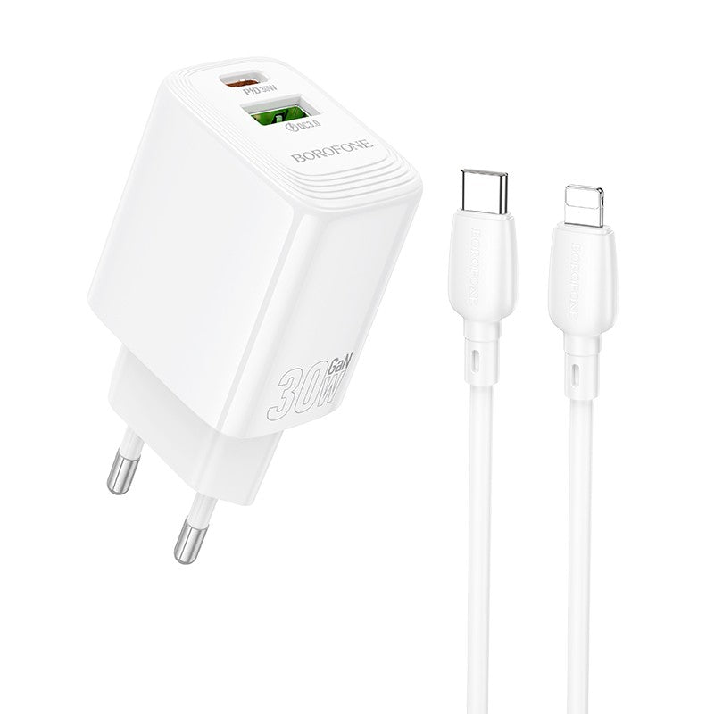Laadija Borofone BN29 30W USB-C USB-A + USB-C to Lightning (valge) — SkyMobile e-pood