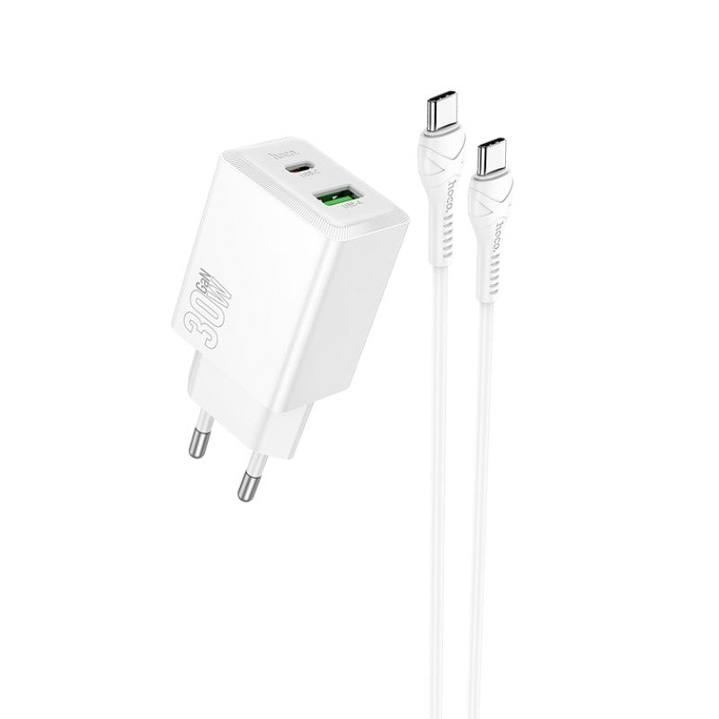 Adapter Hoco N71 30W GaN USB-C USB-A + Type-C to USB-C 1.0m (valge) — SkyMobile e-pood