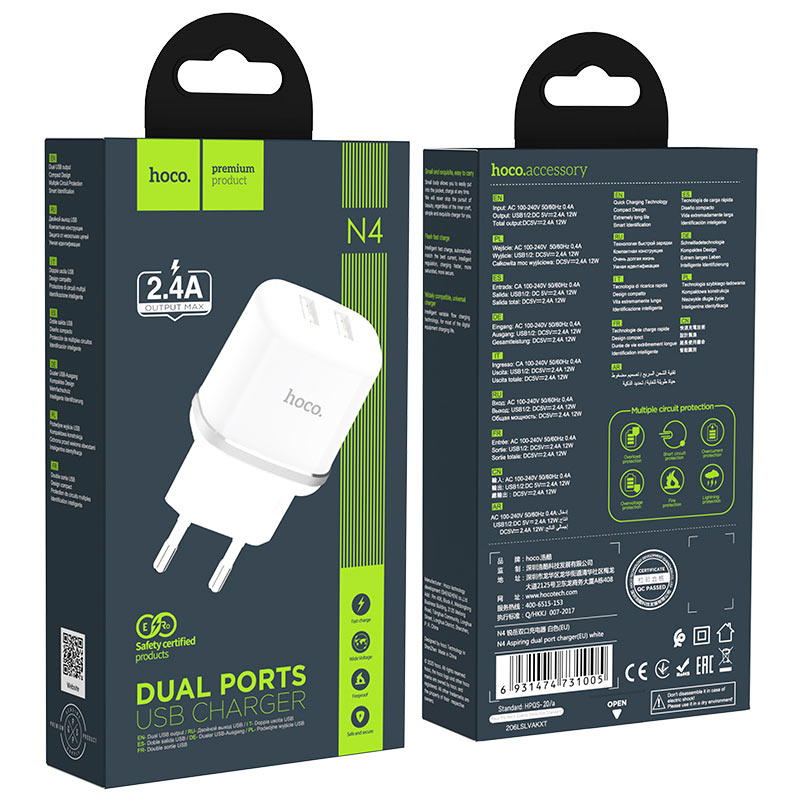 Laadija Hoco N4 2 USB-porti 2.4A (valge) — SkyMobile e-pood