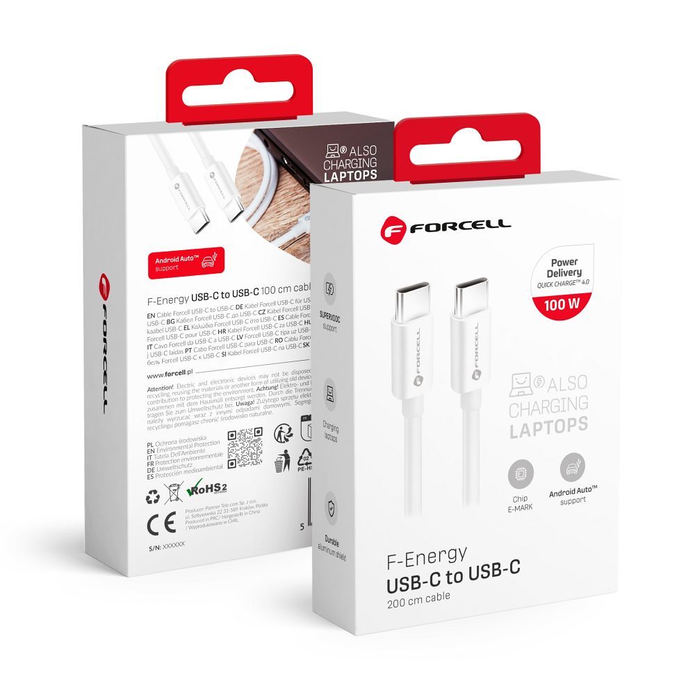 Juhe Forcell F-Energy Forcell F-Energy QC4.0 PD 5A 100W Silicone Type-C to Type-C 2m (valge) — Sk