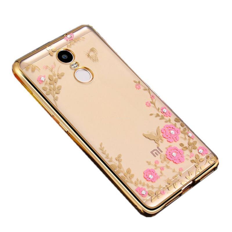 Silikoon Pilt kristallidega Xiaomi Redmi 5 Plus (kuldne raam/roosad lilled)