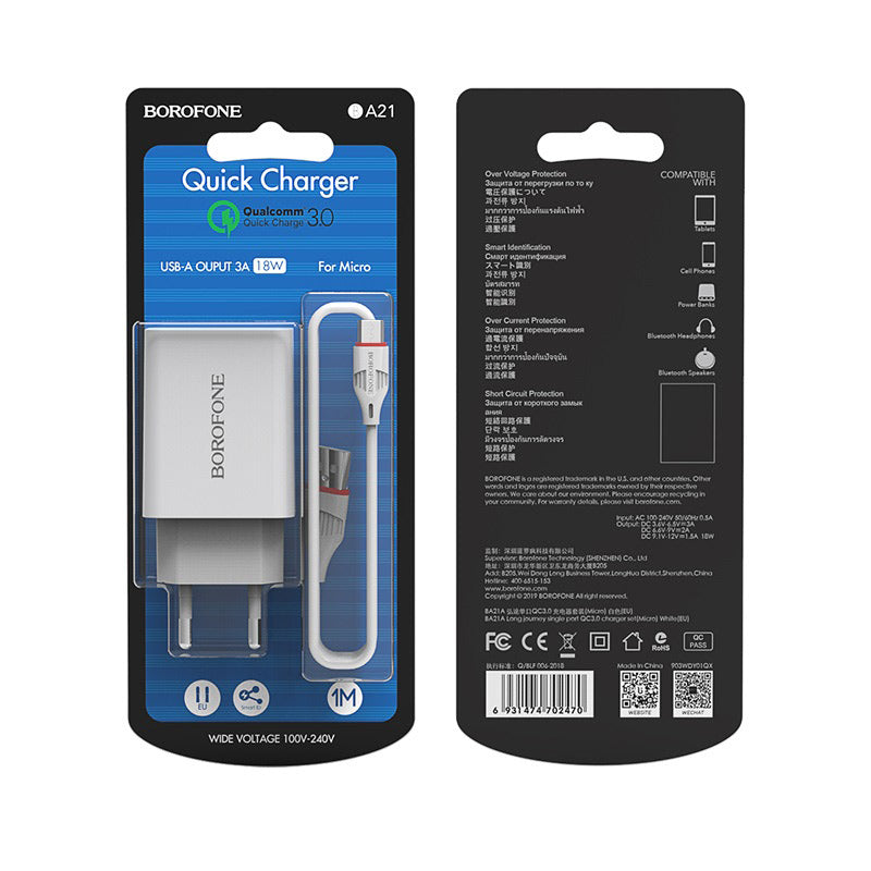 Fast Laadija BOROFONE BA21A 3A koos juhtmega microUSB (valge)