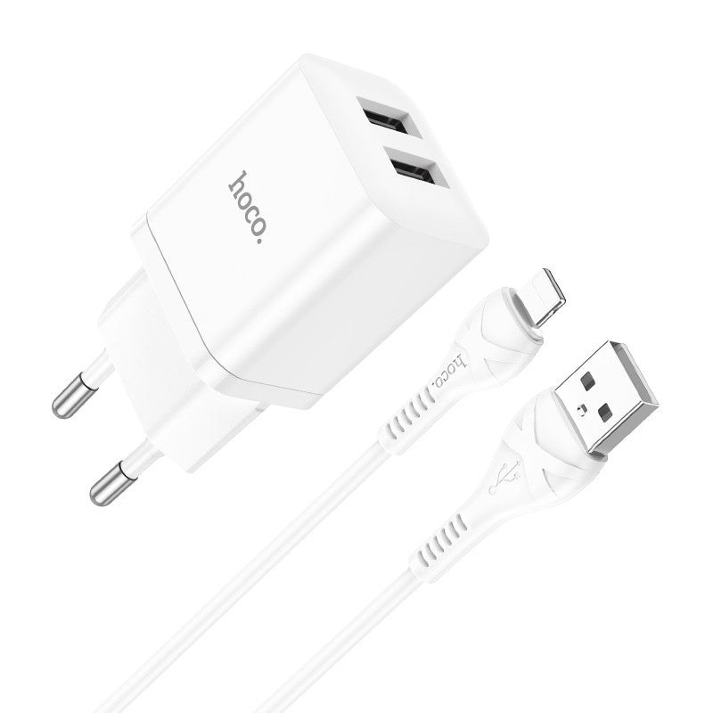 Hoco Laadija N25 2xUSB-A (2.1A) + Lightning (valge)