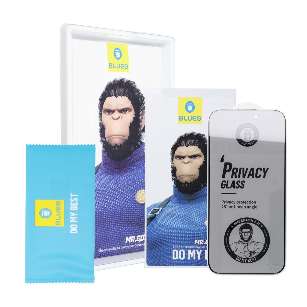 Kaitseklaas "5D Mr. Monkey" Full Glue Privacy iPhone 16/15 (must)