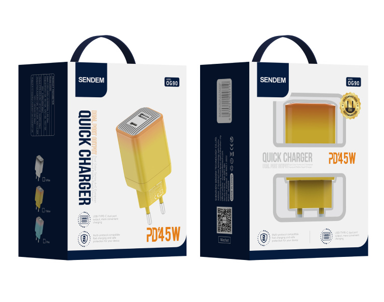 Adapter SENDEM OG90 USB-A+Type-C QC+PD 45W (kollane)