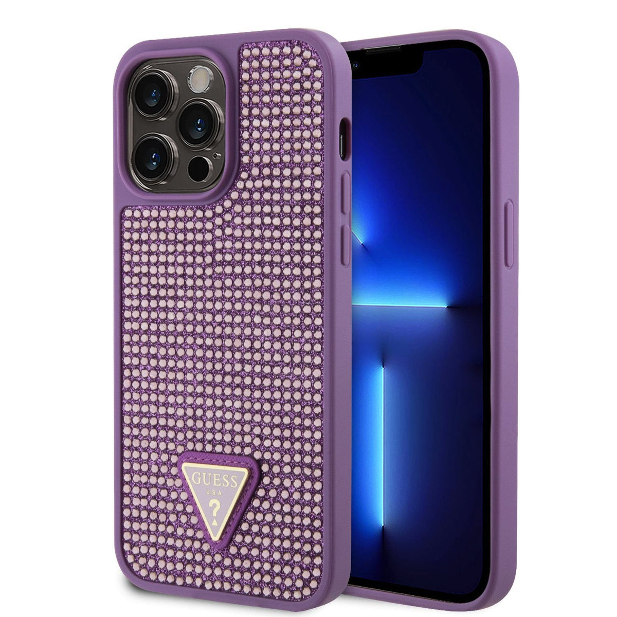 Guess Ümbris GUHCP15XHDGTPU Rhinestones Triangle Metal Logo iPhone 15 Pro Max (roosa)