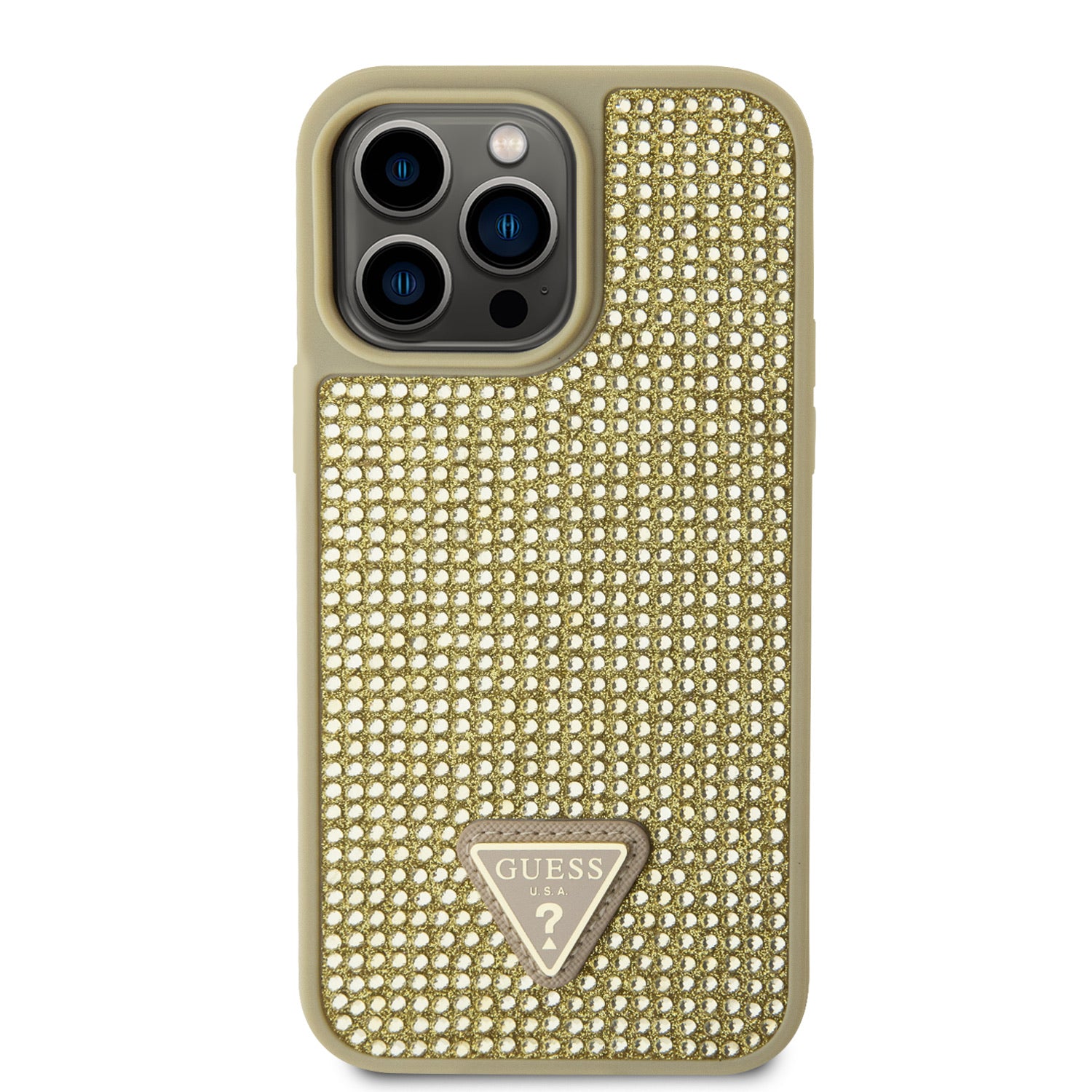 Guess Ümbris GUHCP15XHDGTPD Rhinestones Triangle Metal Logo iPhone 15 Pro Max (kuldne)