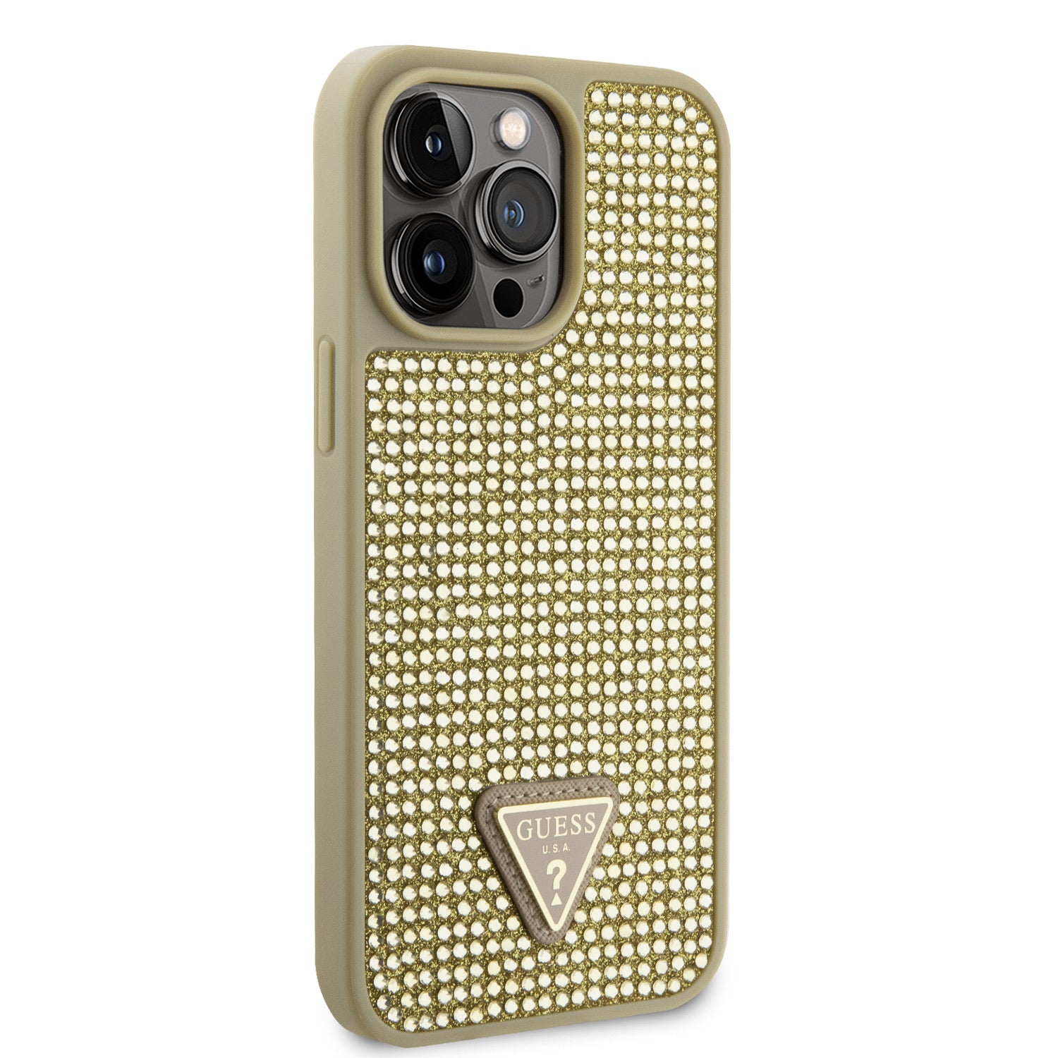 Guess Ümbris GUHCP15XHDGTPD Rhinestones Triangle Metal Logo iPhone 15 Pro Max (kuldne)