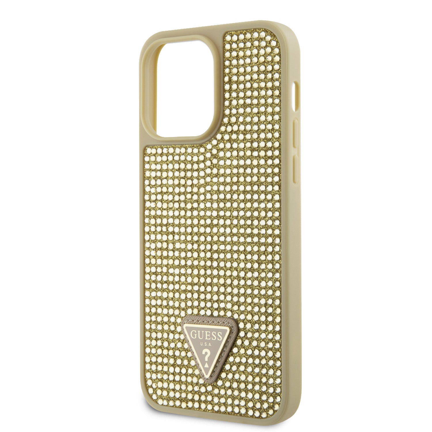 Guess Ümbris GUHCP15XHDGTPD Rhinestones Triangle Metal Logo iPhone 15 Pro Max (kuldne)