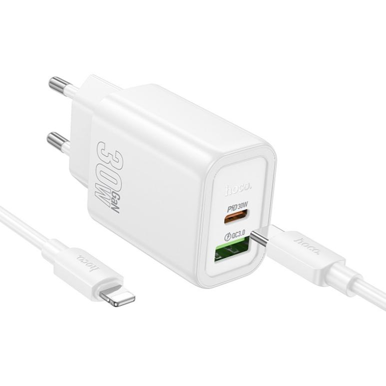 Adapter Hoco N63 30W Type-C / USB-A+Type-C to Lightning 1.0m (valge)