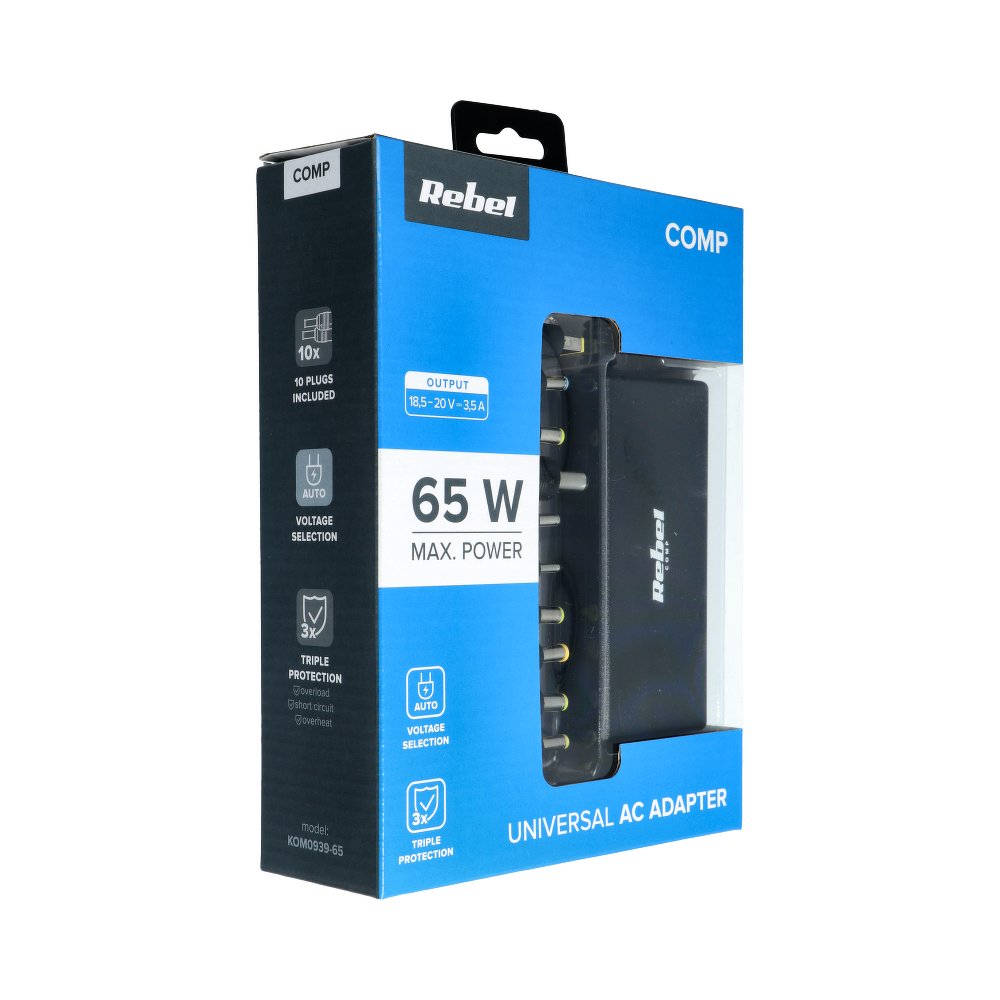 Laadija universaalne REBEL for Notebook / Laptop 65W / 18-20V (must)