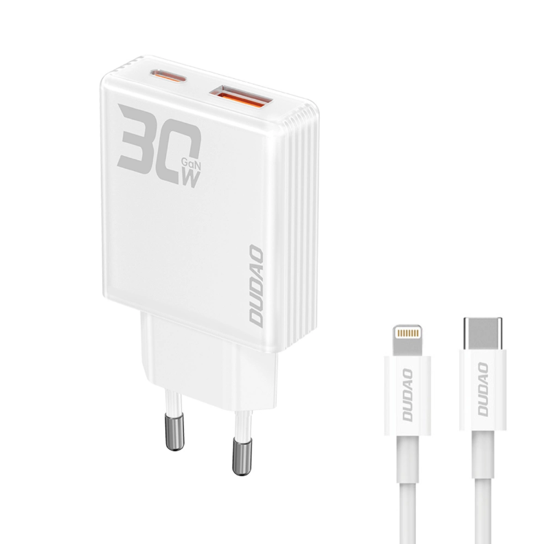 Laadija Dudao A30EUL USB-A / USB-C, 30W + Lightning (valge)