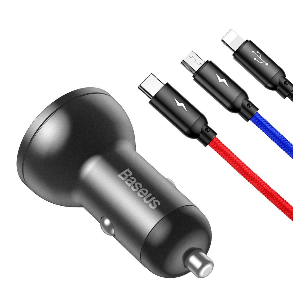 Autolaadija BASEUS TZCCBX-0G + juhe 3in1 4,8A 24W (must)