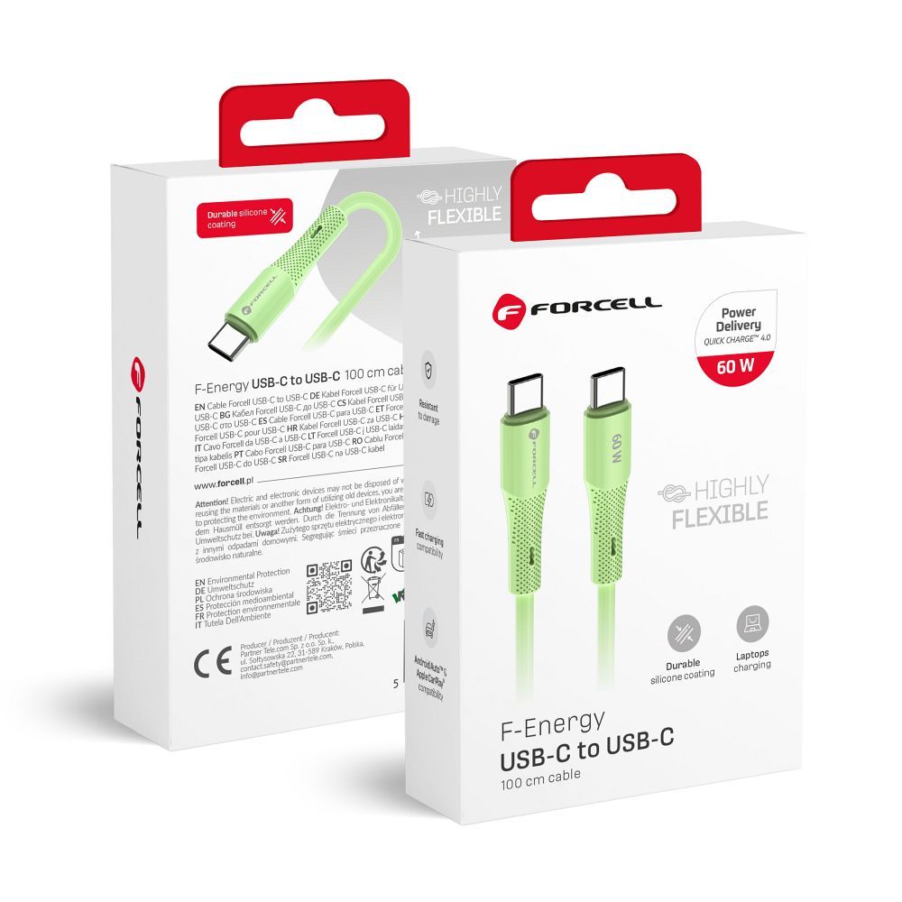 Juhe Forcell F-Energy C341 QC4.0 3A 60W Silicone Type-C to Type-C 1m (roheline)