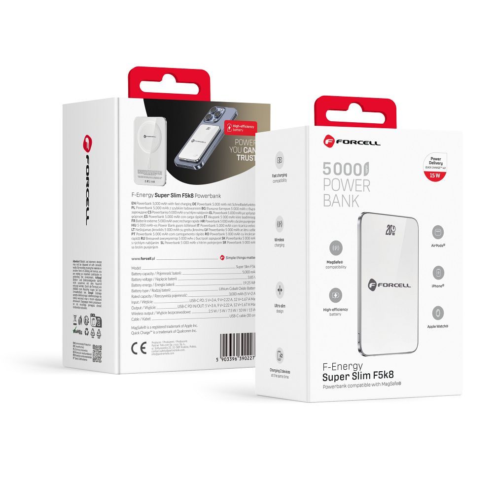 Akupank Forcell SuperSlim MagSafe 15W 5000mAh (valge)