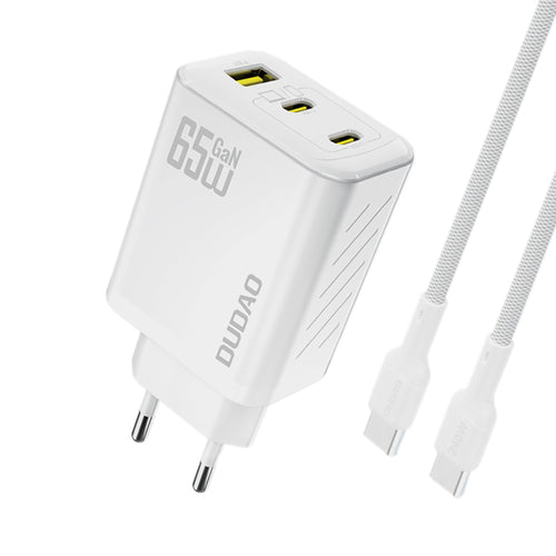Laadija Dudao A29C 65W GaN USB-A + USB-C juhe (valge)