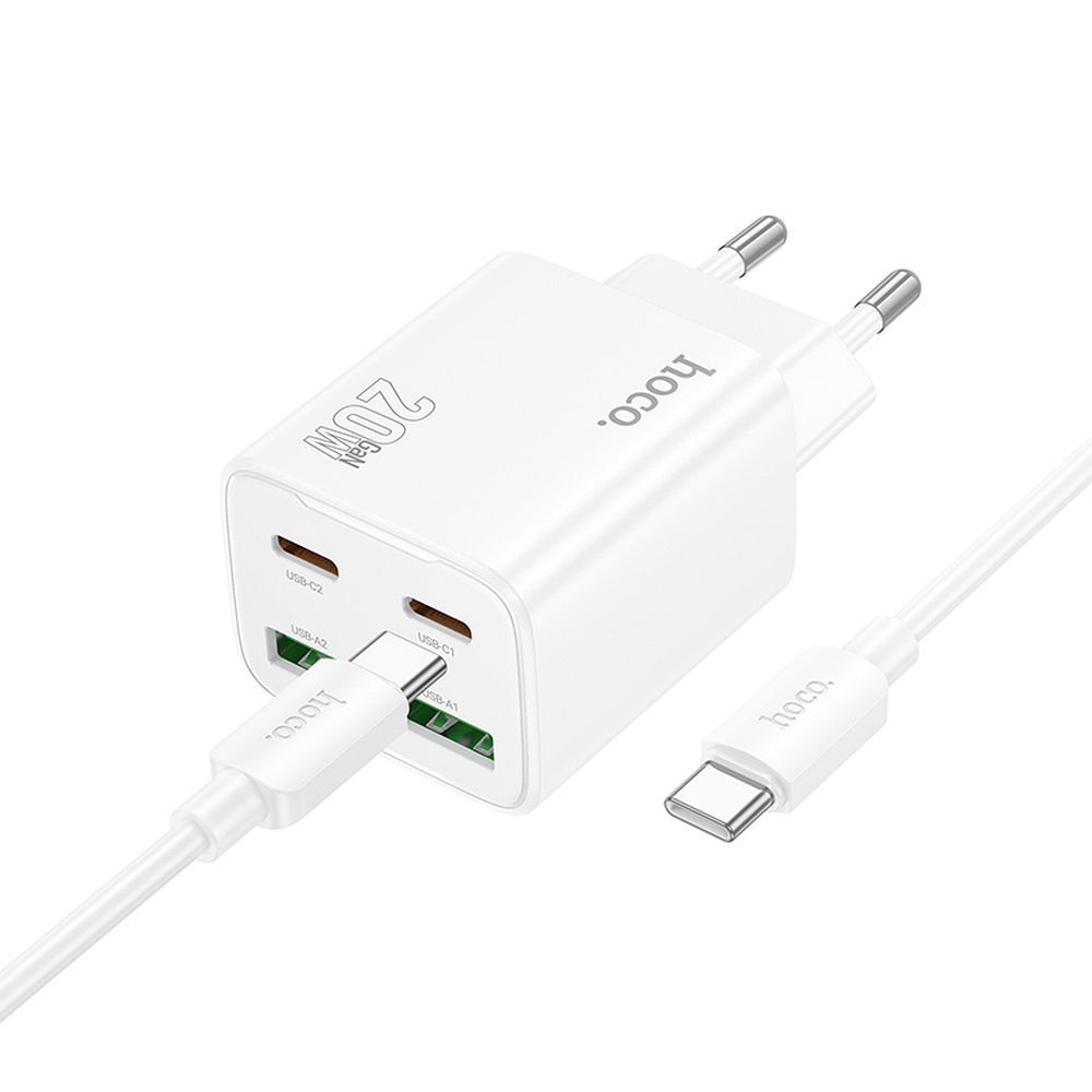 Adapter Hoco 2 x USB C + 2 x USB A QC3.0 PD 3A 20W + cable USB C to USB C N55 (valge)