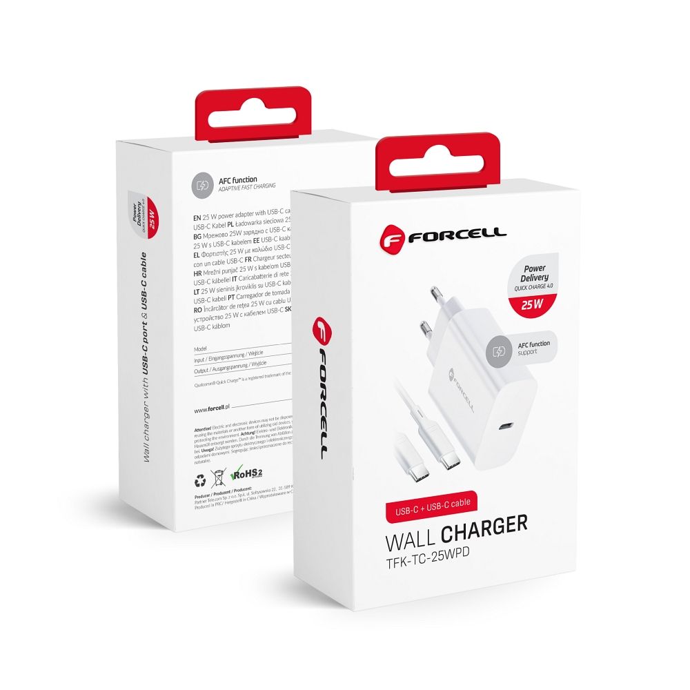 Laadija Forcell F‑Energy USB‑C QC4.0 PD 3A 25 W laadija + USB‑C to USB‑C kaabel (valge)