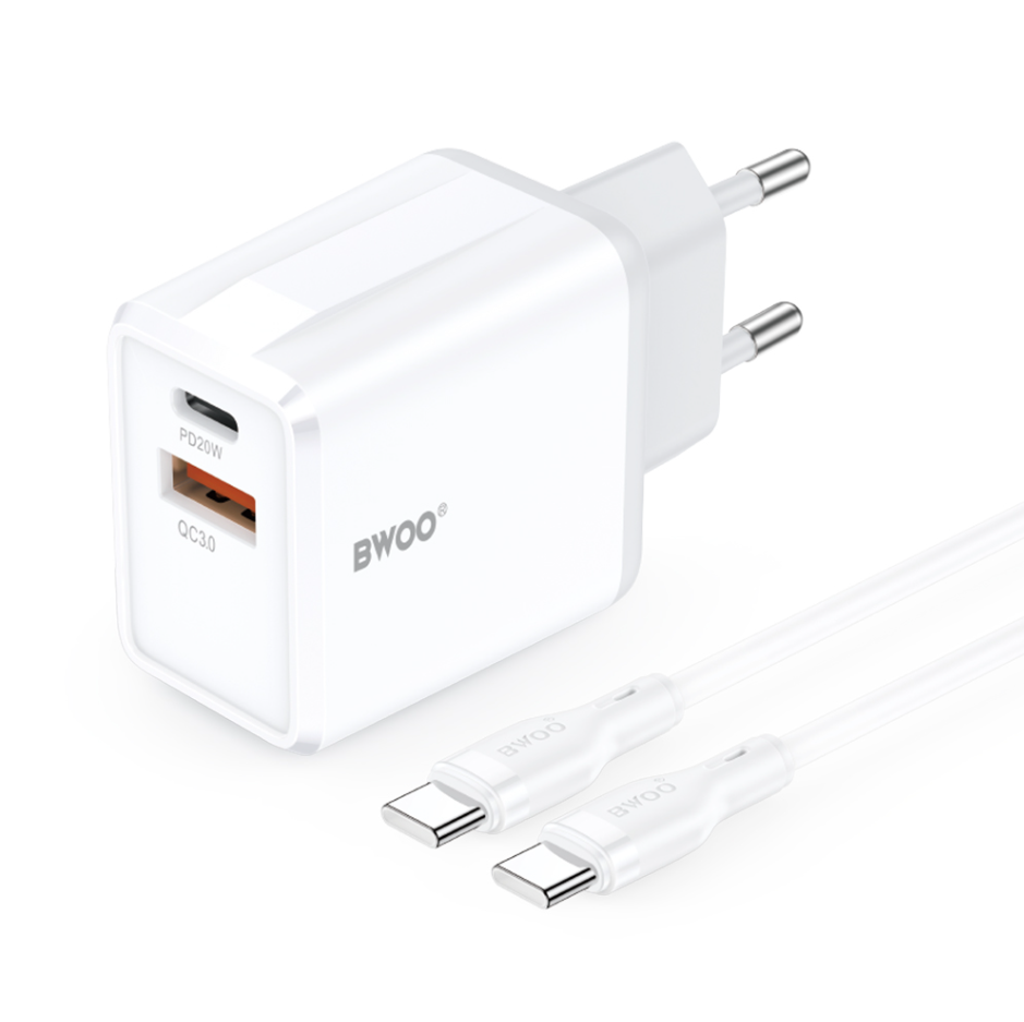 Laadija BWOO CDA182 Type-C+USB-A 20W + Type-C 1.0m (valge)