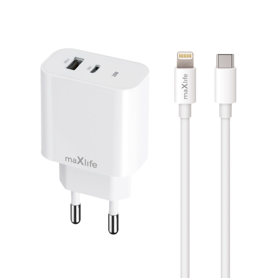 Adapter Maxlife MXTC-06-20AC USB-A+Type-C 20W + juhe lightning (valge)