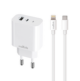Adapter Maxlife MXTC-06-20AC USB-A+Type-C 20W + juhe lightning (valge)