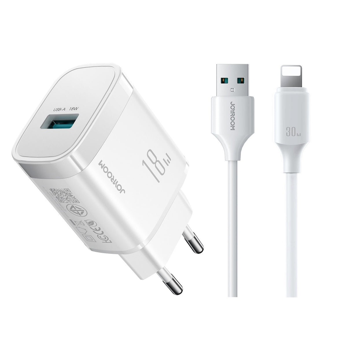 Adapter juhtmega JR-TF4 18W USB-A + USB-A to Lightning (valge)