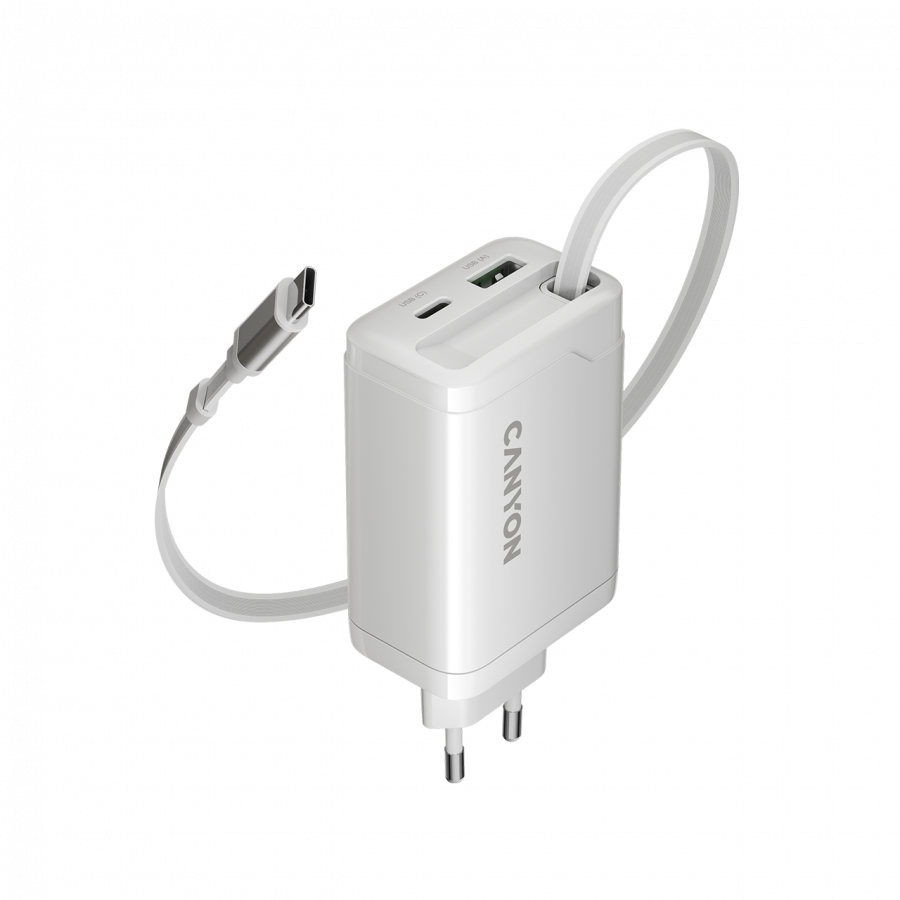 Adapter USB-C juhtmega Canyon, Type-C+USB-A PD65W (valge)