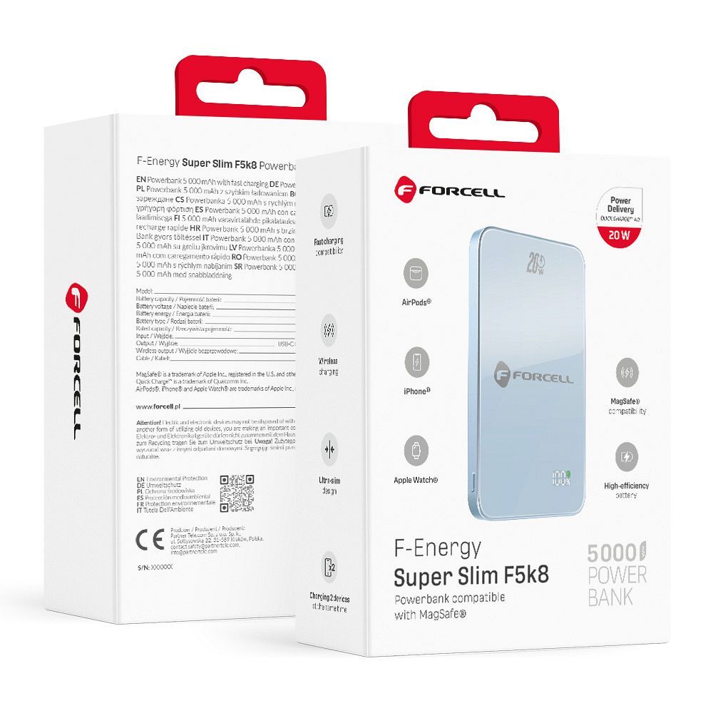 Akupank Forcell F-Energy SuperSlim F5K8 QC4.0 PD3.0 15W 5000 mAh (helesinine)