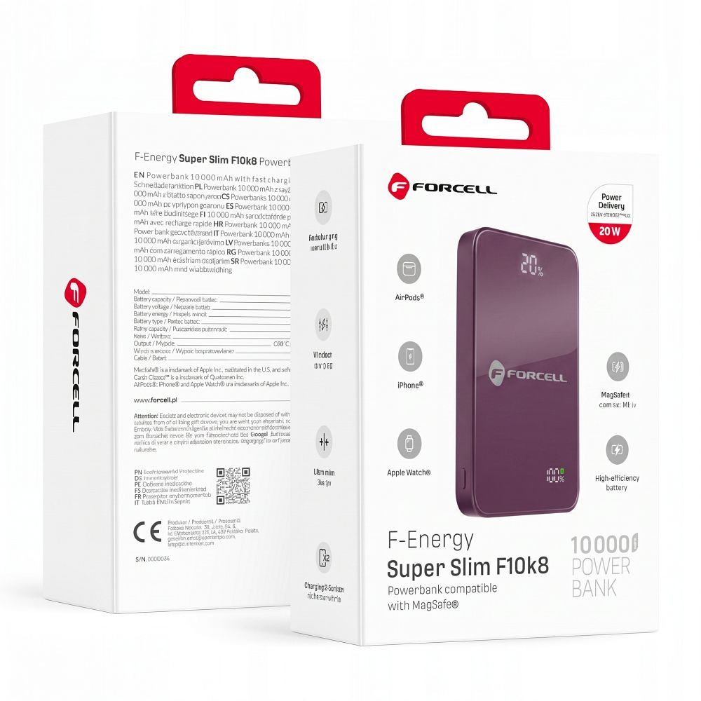 Akupank Forcell F-Energy SuperSlim F10K8 QC4.0 PD3.0 15W 10000 mAh (viinamari)