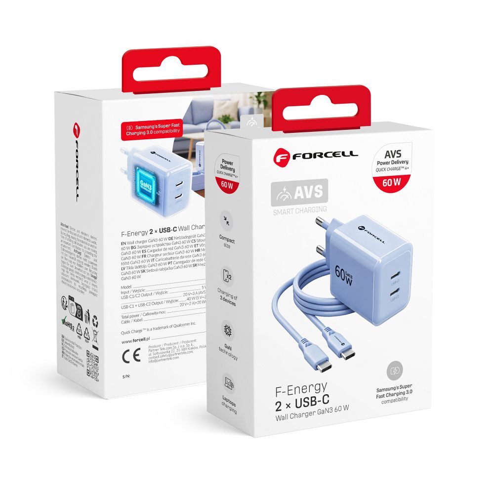 Laadija Forcell F-Energy GaN III 2x USB C + USB C juhe 60W (helesinine)